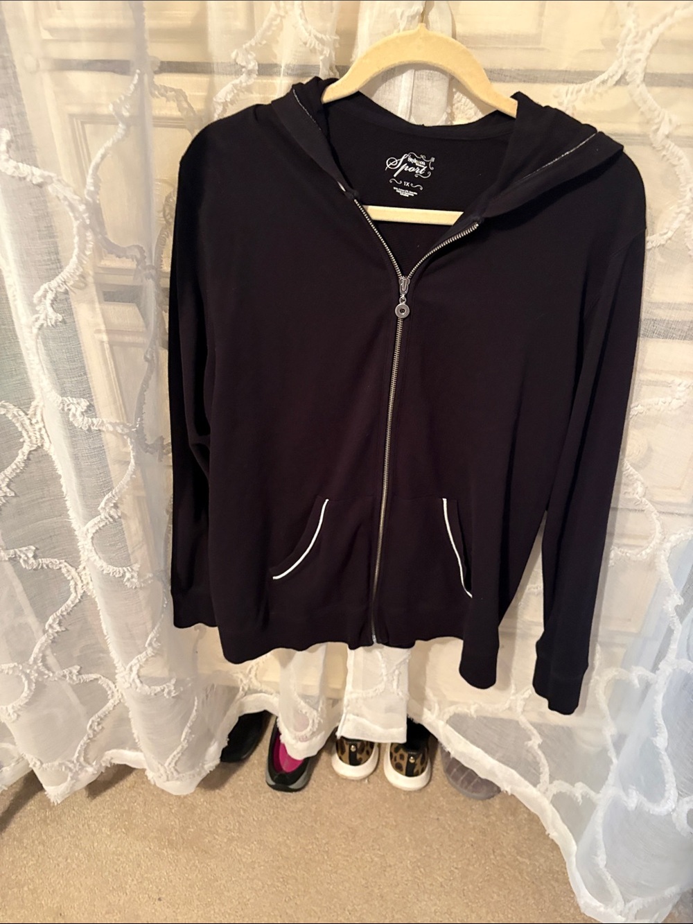Style & Co. Black Hooded Zip Jacket with White Trim